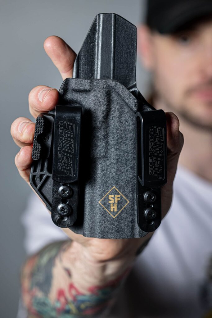 Phalanx AIWB appendix holster front view Phalanx appendix carry holster with Modwing Slim Fit Holsters Phalanx AIWB holster carbon fiber AIWB concealed carry holster Phalanx model Phalanx inside the waistband holster side profile 