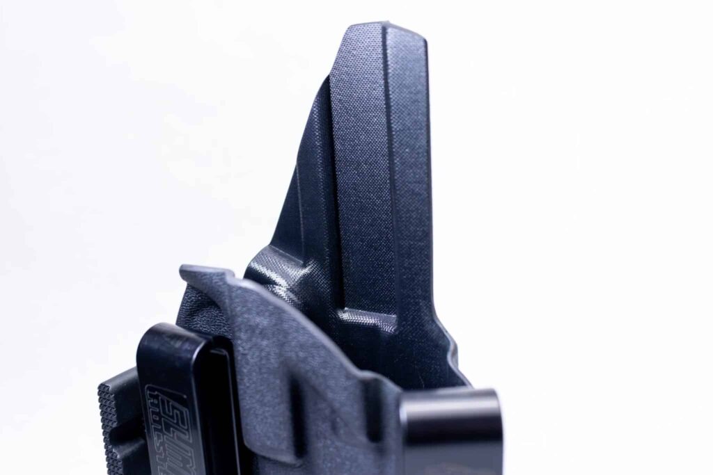 Phalanx AIWB appendix holster front view Phalanx appendix carry holster with Modwing Slim Fit Holsters Phalanx AIWB holster carbon fiber AIWB concealed carry holster Phalanx model Phalanx inside the waistband holster side profile 