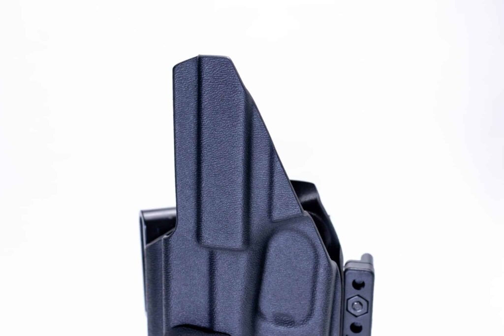 Phalanx AIWB appendix holster front view Phalanx appendix carry holster with Modwing Slim Fit Holsters Phalanx AIWB holster carbon fiber AIWB concealed carry holster Phalanx model Phalanx inside the waistband holster side profile 